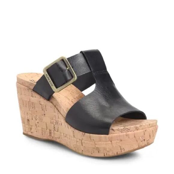 Kork Ease Andi Black Leather Buckle Wedge Peep Toe Sandals Size 9 - Picture 1 of 7